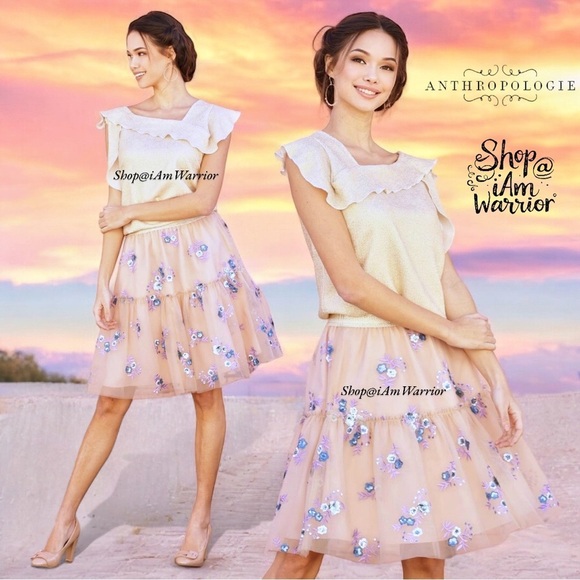 Anthropologie Eva Franco NWT blush floral embroidered sequin tulle pull-on skirt